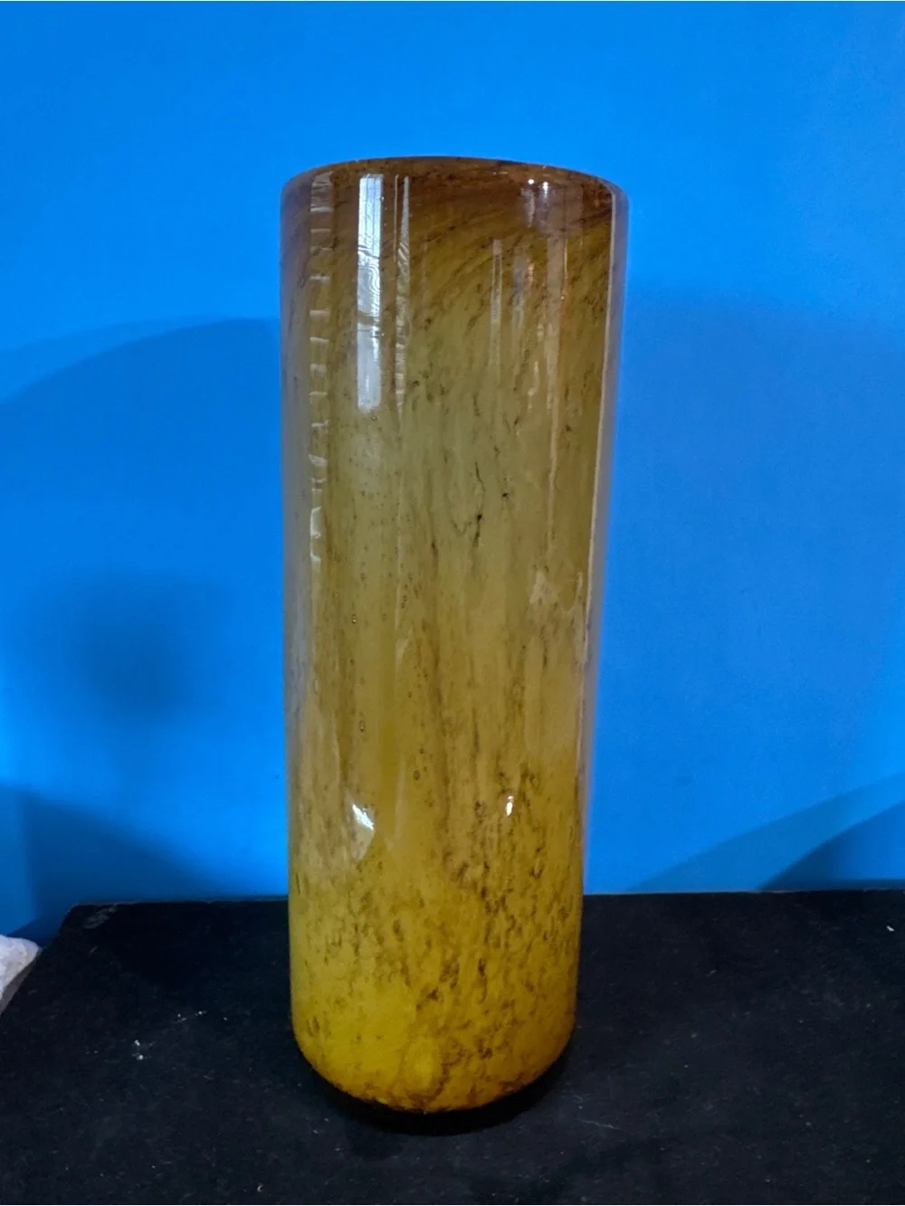 Cylindrical Amber or Yellow glass vase, handcrafted. mid-century in style.